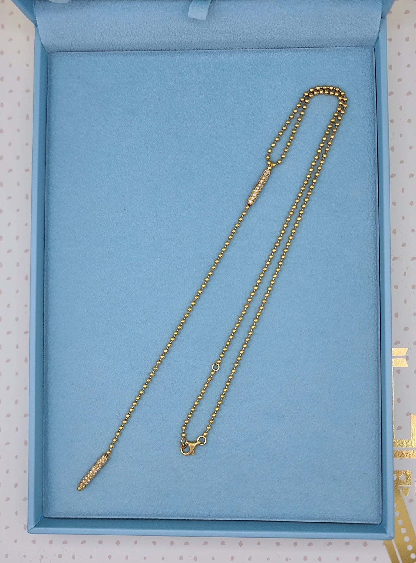 Adjustable 18k Gold Lariat Drop Necklace with Diamond Barrels, Beaded Ball Design, 6-Inch Drop