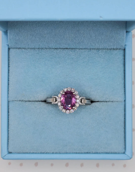 Elegant 14K White Gold Halo Ring with 1.57 CT Pink Sapphire & 0.29 CT Natural Diamond Accents