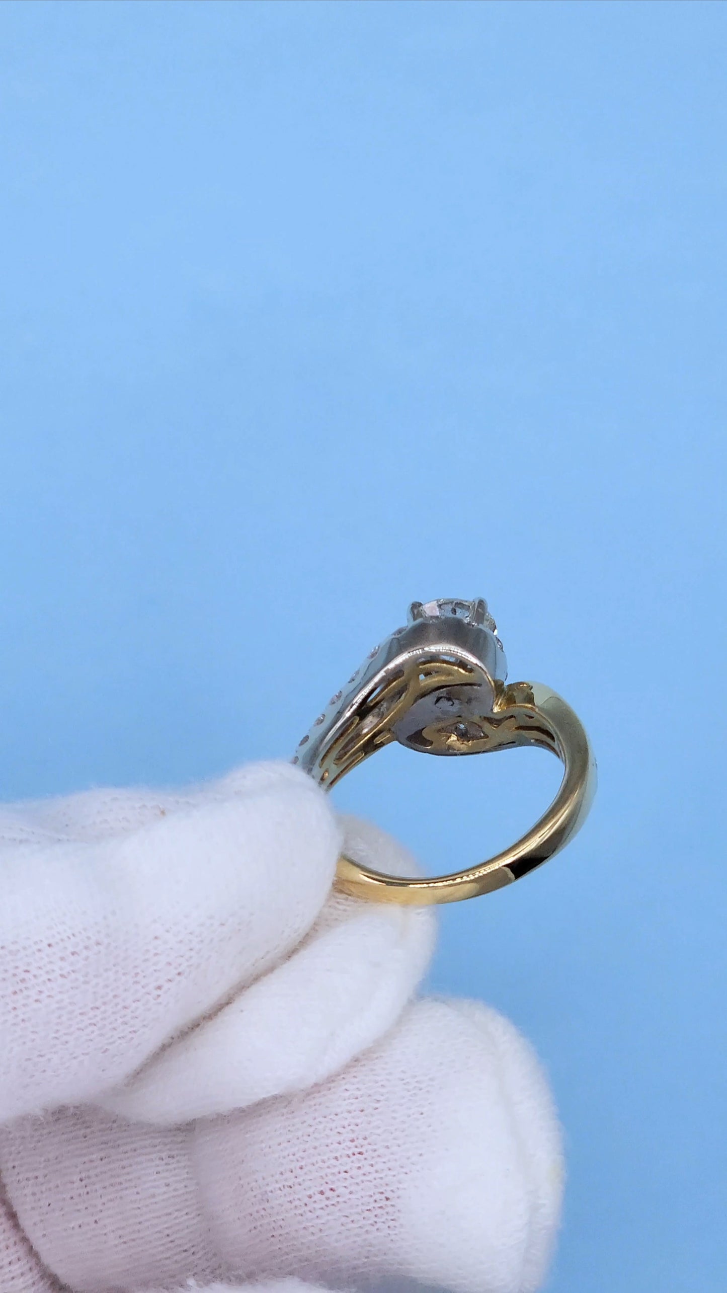 14k Two-Tone Gold Bypass Ring with 0.91 ct Old European Cut Diamond and Natural Diamond Accents