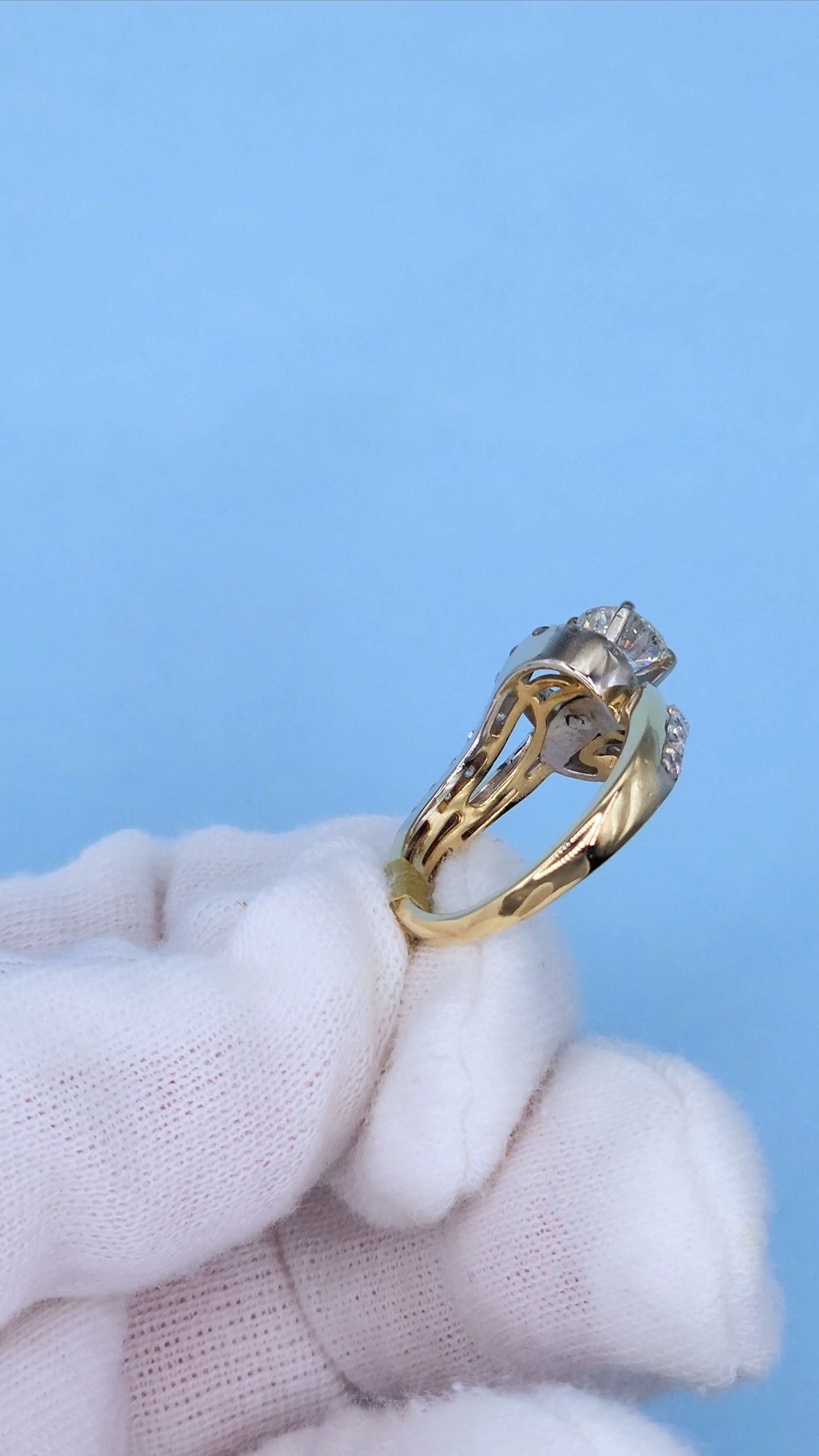 14k Two-Tone Gold Bypass Ring with 0.91 ct Old European Cut Diamond and Natural Diamond Accents