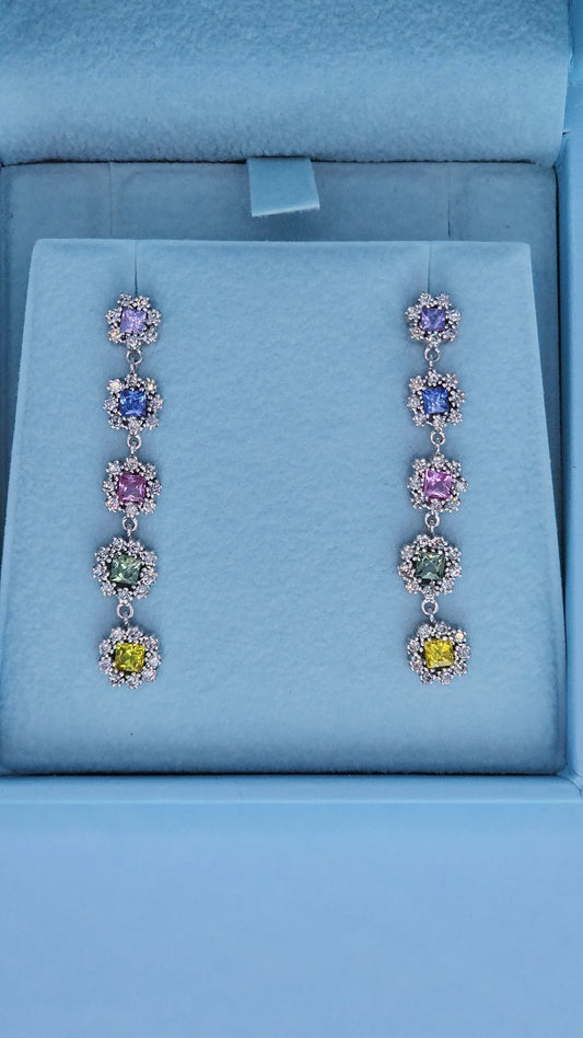 Vibrant Multicolor Sapphire and Diamond Halo Dangle Earrings in 14k White Gold – 1.75" Length