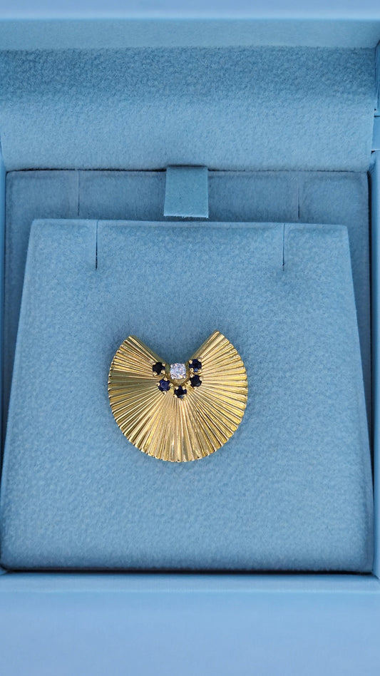 Modern Fan Pendant and Brooch in 18k Yellow Gold with Diamond and Sapphire Accents