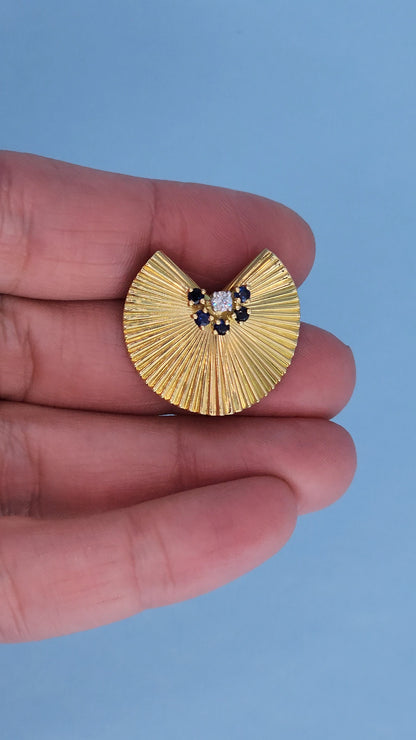 Modern Fan Pendant and Brooch in 18k Yellow Gold with Diamond and Sapphire Accents