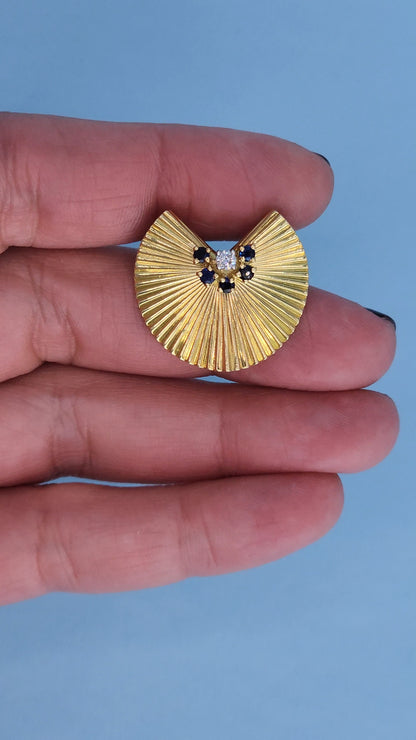 Modern Fan Pendant and Brooch in 18k Yellow Gold with Diamond and Sapphire Accents