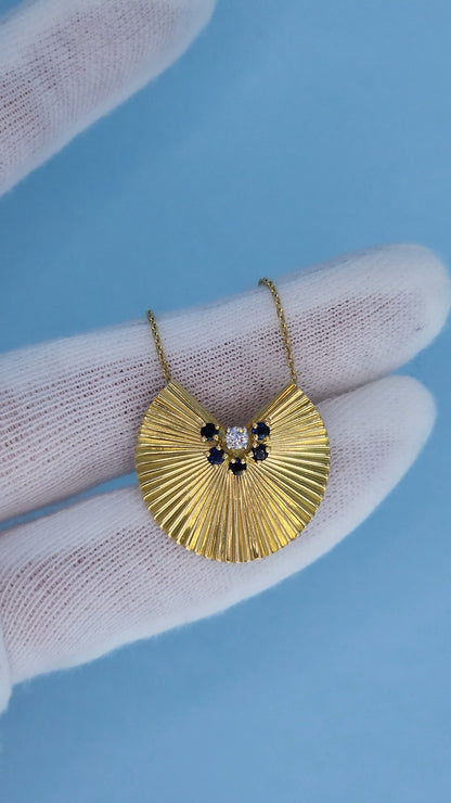 Modern Fan Pendant and Brooch in 18k Yellow Gold with Diamond and Sapphire Accents