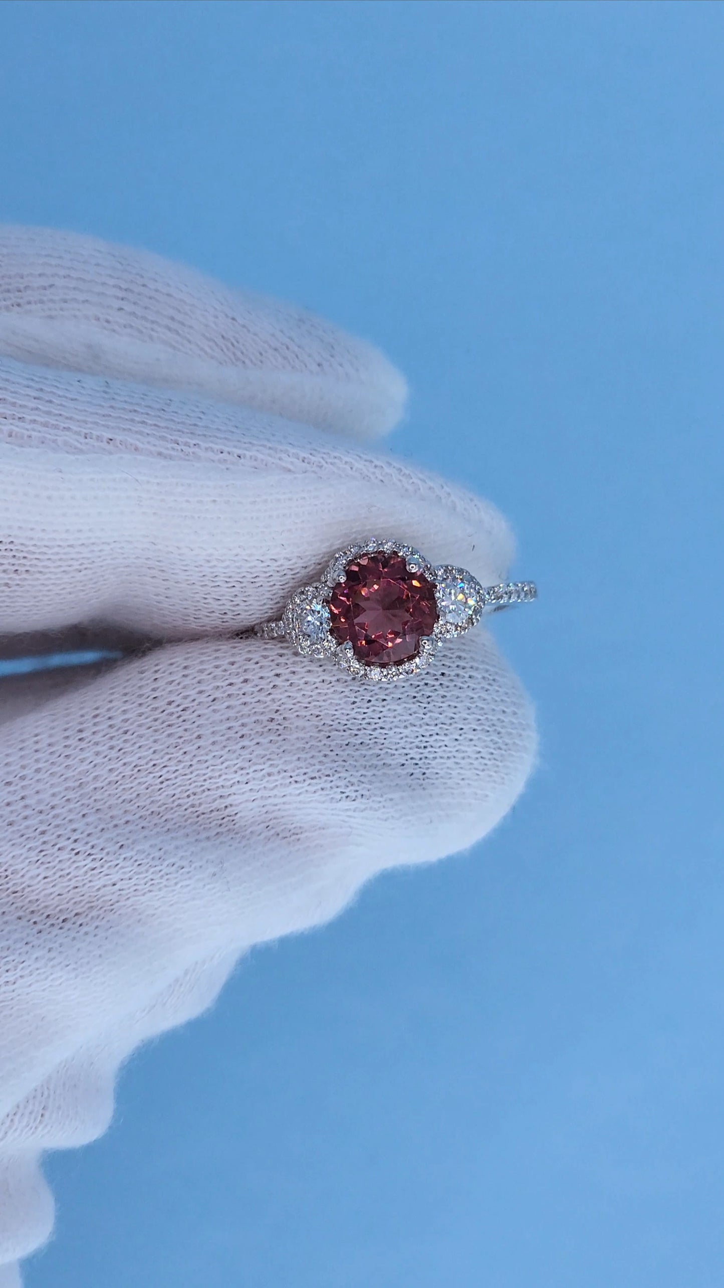 18k White Gold 1.19 ct Round Brilliant Pink Tourmaline Three-Stone Halo Ring with Diamond Accents