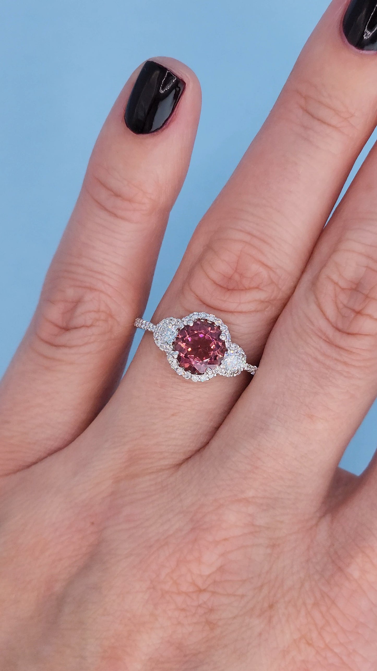 18k White Gold 1.19 ct Round Brilliant Pink Tourmaline Three-Stone Halo Ring with Diamond Accents