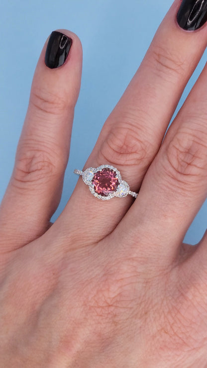 18k White Gold 1.19 ct Round Brilliant Pink Tourmaline Three-Stone Halo Ring with Diamond Accents