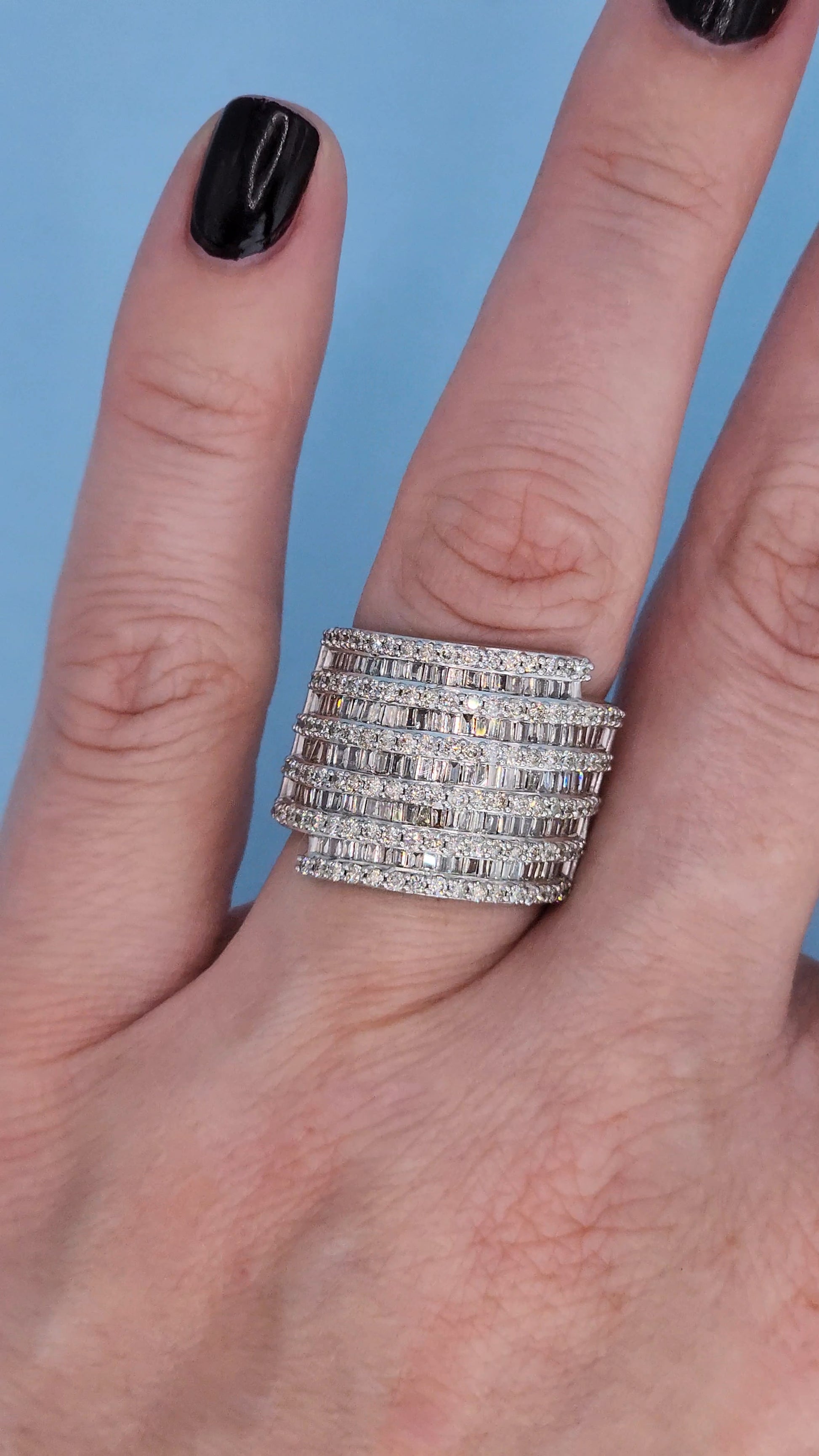 10k White Gold Wide Band Ring with 2 Carats of Baguette and Round Diamonds on the Finger Front