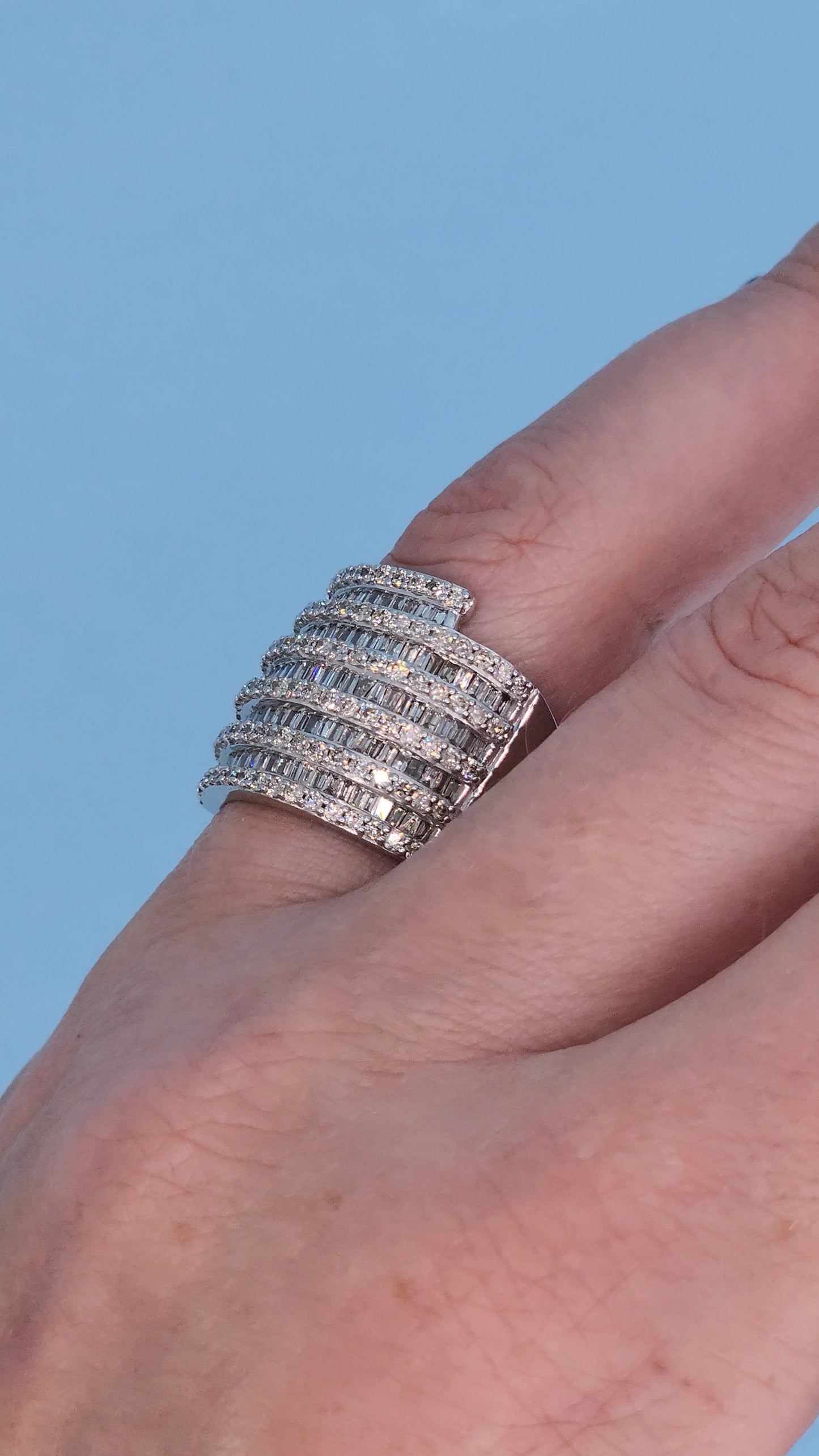 10k White Gold Wide Band Ring with 2 Carats of Baguette and Round Diamonds On The Finger Side View