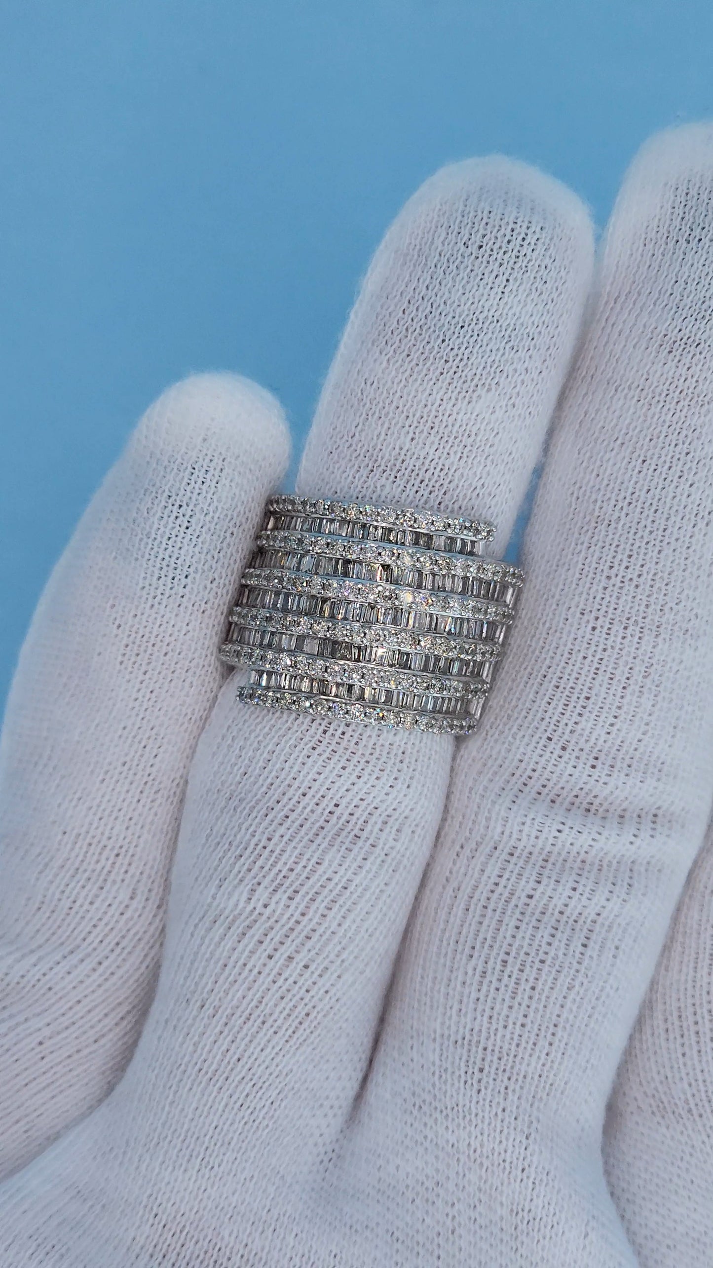 10k White Gold Wide Band Ring with 2 Carats of Baguette and Round Diamonds Front