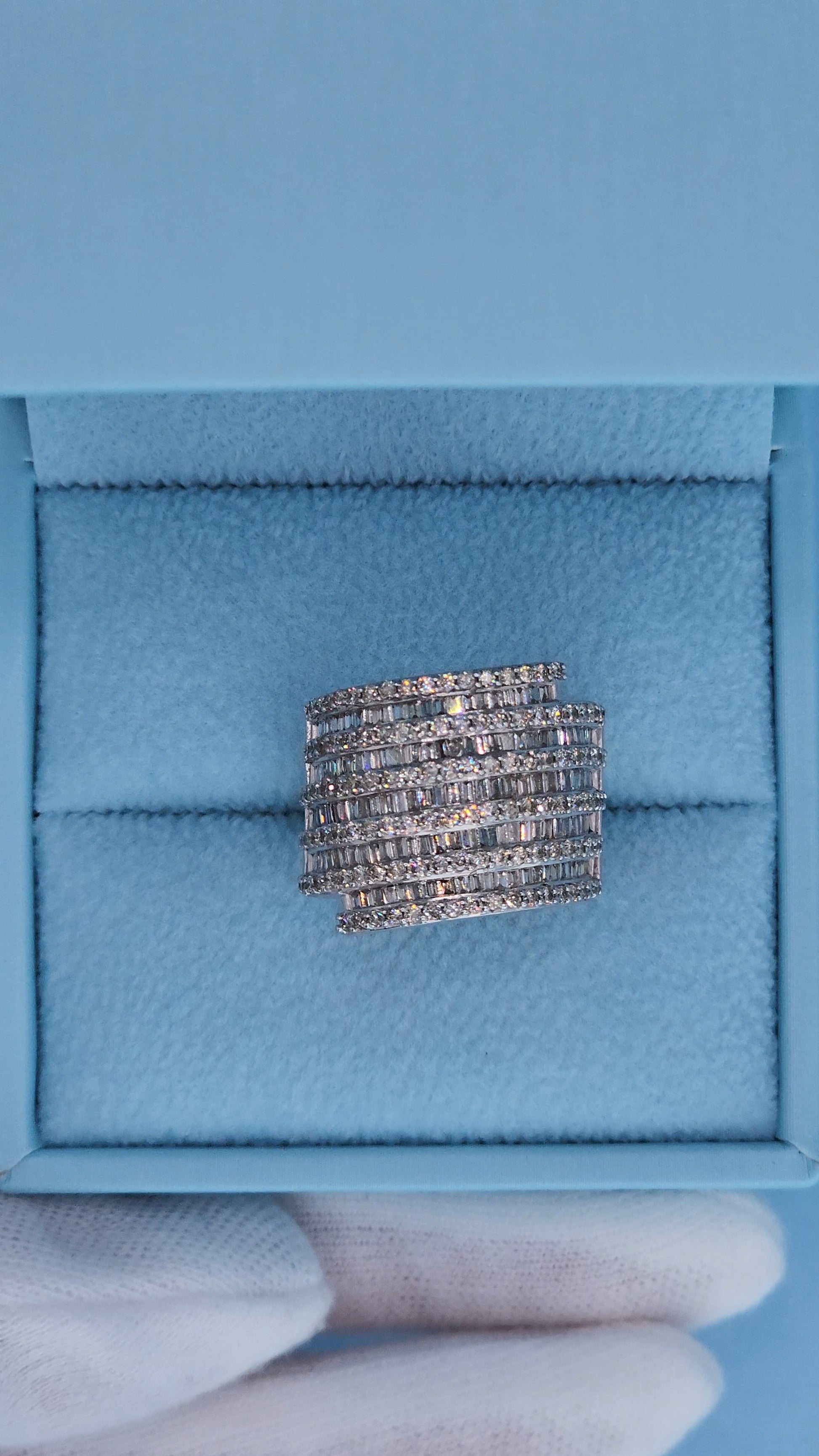 10k White Gold Wide Band Ring with 2 Carats of Baguette and Round Diamonds Front