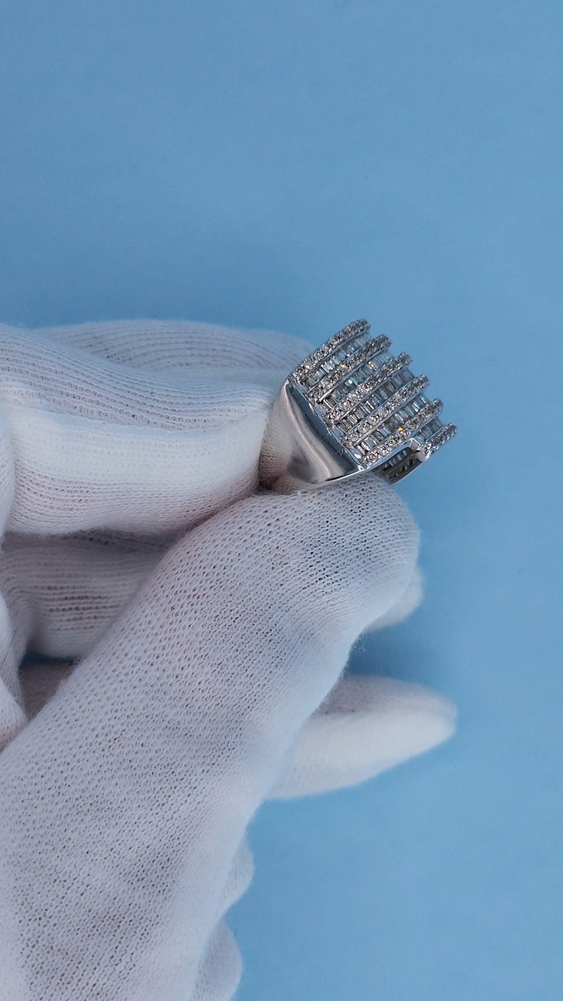 10k White Gold Wide Band Ring with 2 Carats of Baguette and Round Diamonds Side View