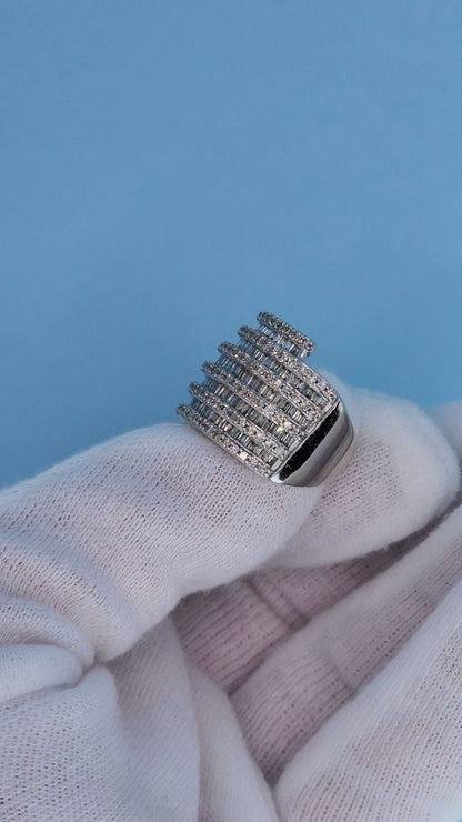 10k White Gold Wide Band Ring with 2 Carats of Baguette and Round Diamonds Side View