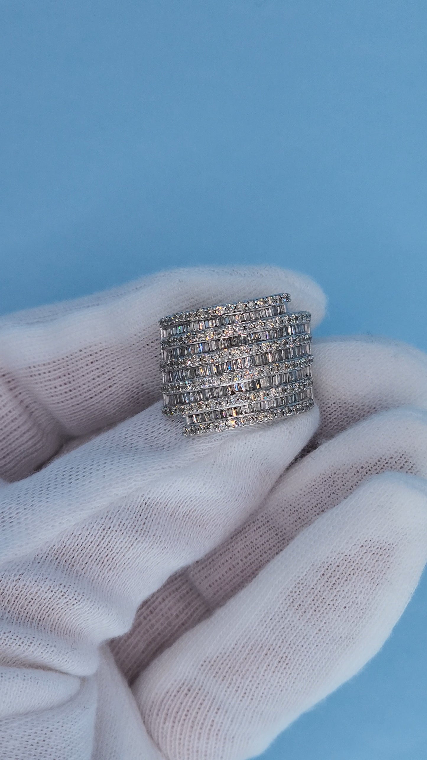 10k White Gold Wide Band Ring with 2 Carats of Baguette and Round Diamonds Front