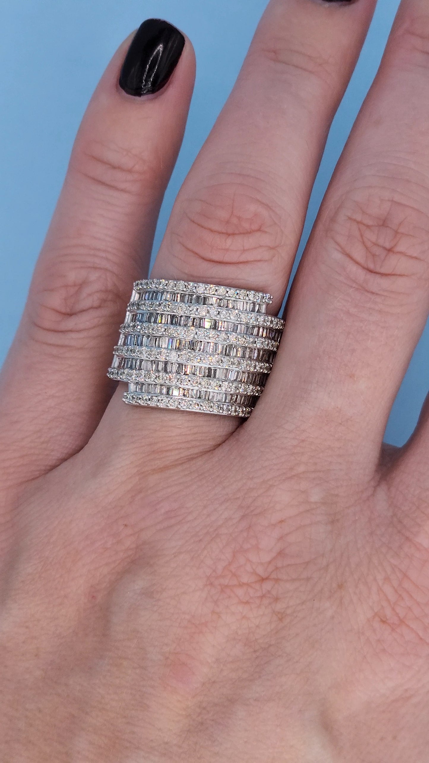 10k White Gold Wide Band Ring with 2 Carats of Baguette and Round Diamonds On The Finger