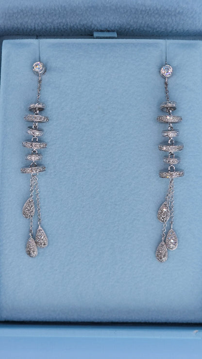 Radiant 14k White Gold Diamond Drop Earrings with 6 Diamond Discs and Diamond Drops – 2.4 Inches