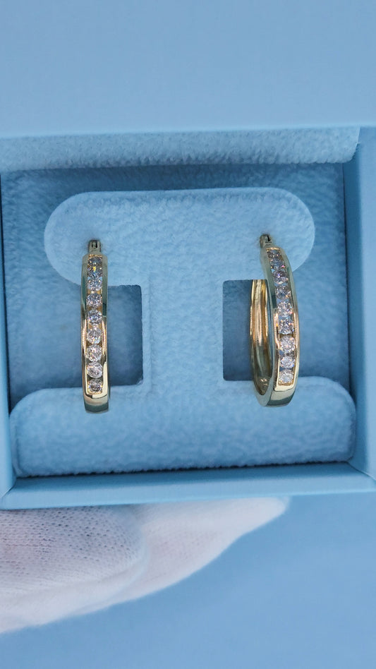 14k Yellow Gold Diamond Hoop Earrings - 1 Carat TW Channel Set, 1-Inch Diameter