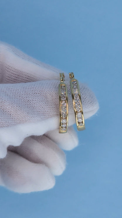 14k Yellow Gold Diamond Hoop Earrings - 1 Carat TW Channel Set, 1-Inch Diameter