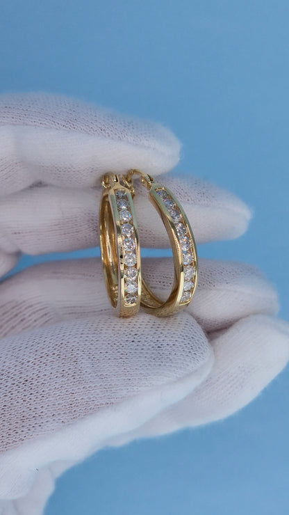 14k Yellow Gold Diamond Hoop Earrings - 1 Carat TW Channel Set, 1-Inch Diameter