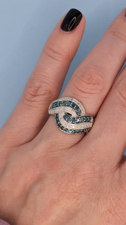 14k White Gold Swirl Interlocking Waves Ring with Blue and White Diamonds - 0.50 Carat Total Weight, Size 7