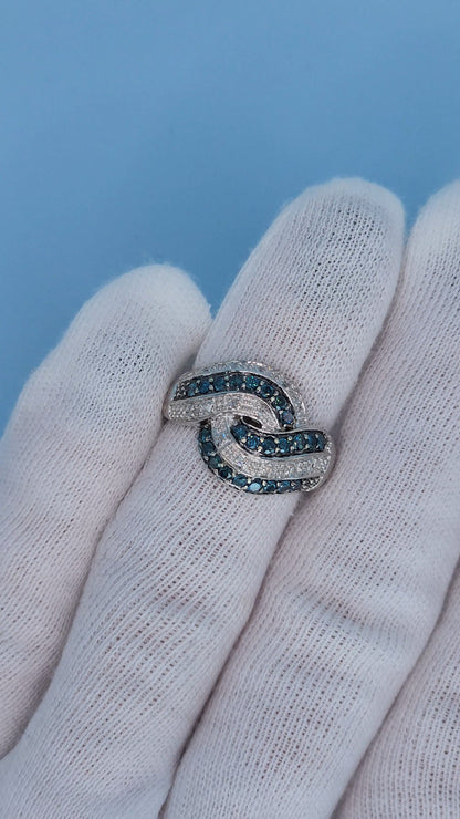 14k White Gold Swirl Interlocking Waves Ring with Blue and White Diamonds - 0.50 Carat Total Weight, Size 7