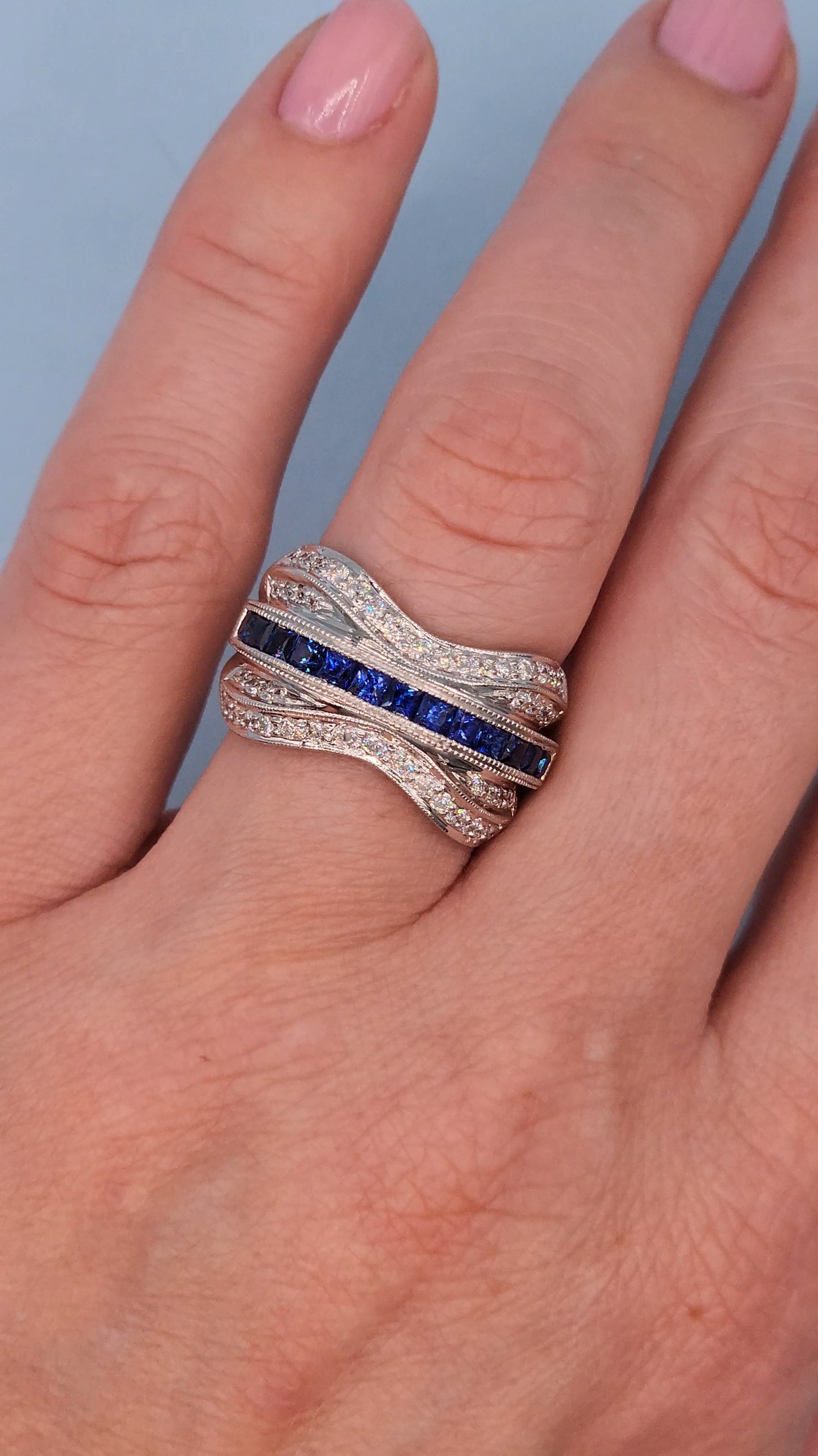 14k White Gold Wide Wave Band Ring with 1.30 Carat Princess Cut Sapphires & 0.50 Carat Round Diamonds