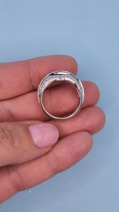 14k White Gold Wide Wave Band Ring with 1.30 Carat Princess Cut Sapphires & 0.50 Carat Round Diamonds
