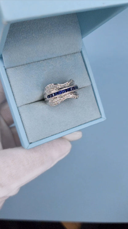 14k White Gold Wide Wave Band Ring with 1.30 Carat Princess Cut Sapphires & 0.50 Carat Round Diamonds