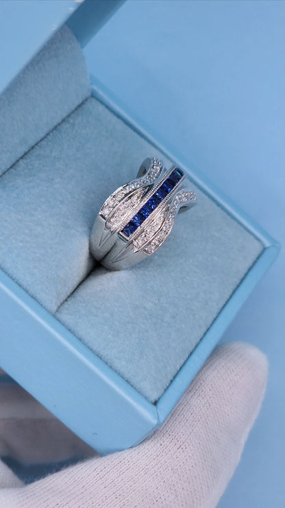 14k White Gold Wide Wave Band Ring with 1.30 Carat Princess Cut Sapphires & 0.50 Carat Round Diamonds