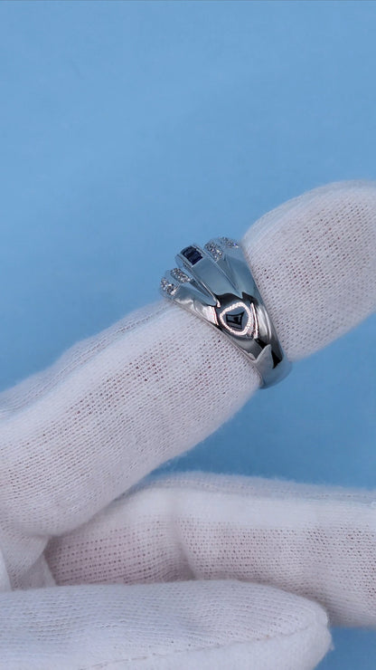 14k White Gold Wide Wave Band Ring with 1.30 Carat Princess Cut Sapphires & 0.50 Carat Round Diamonds