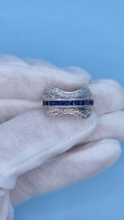 14k White Gold Wide Wave Band Ring with 1.30 Carat Princess Cut Sapphires & 0.50 Carat Round Diamonds