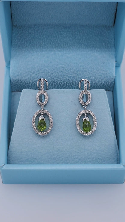 14k White Gold Diamond Dangle Earrings with Briolette Peridots – Elegant Oval Drop Design, 0.50 CTW Diamonds