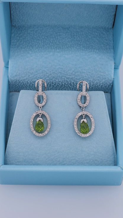 14k White Gold Diamond Dangle Earrings with Briolette Peridots – Elegant Oval Drop Design, 0.50 CTW Diamonds