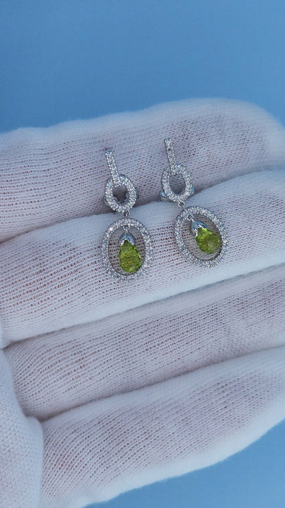 14k White Gold Diamond Dangle Earrings with Briolette Peridots – Elegant Oval Drop Design, 0.50 CTW Diamonds