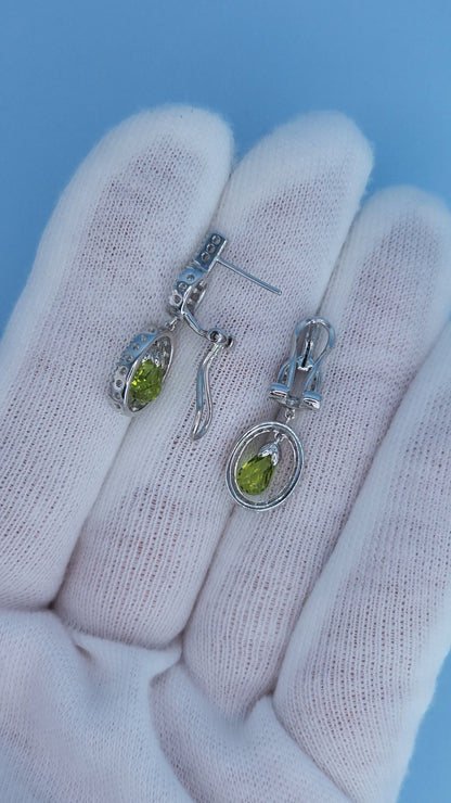 14k White Gold Diamond Dangle Earrings with Briolette Peridots – Elegant Oval Drop Design, 0.50 CTW Diamonds
