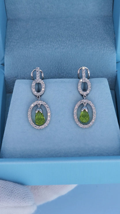 14k White Gold Diamond Dangle Earrings with Briolette Peridots – Elegant Oval Drop Design, 0.50 CTW Diamonds