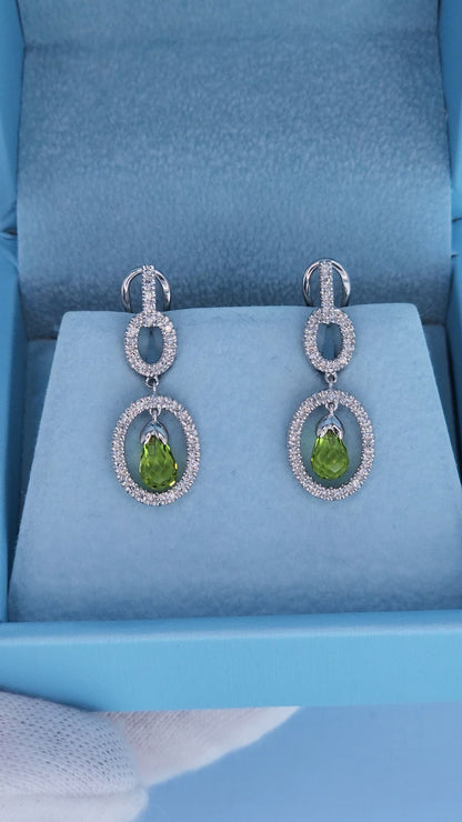 14k White Gold Diamond Dangle Earrings with Briolette Peridots – Elegant Oval Drop Design, 0.50 CTW Diamonds
