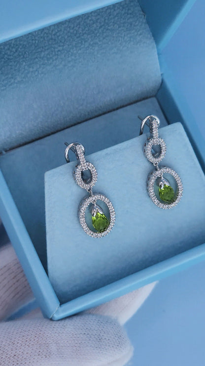 14k White Gold Diamond Dangle Earrings with Briolette Peridots – Elegant Oval Drop Design, 0.50 CTW Diamonds