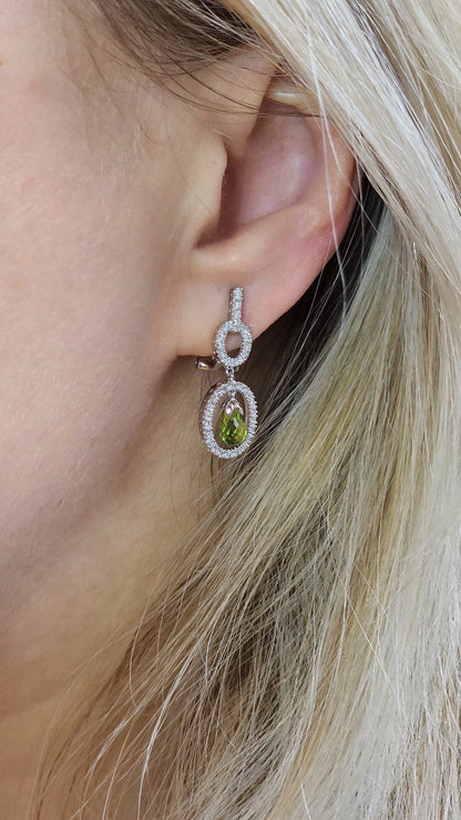 14k White Gold Diamond Dangle Earrings with Briolette Peridots – Elegant Oval Drop Design, 0.50 CTW Diamonds
