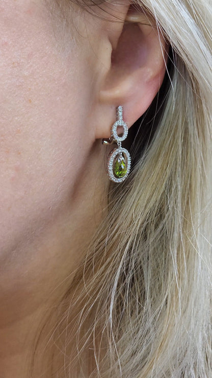 14k White Gold Diamond Dangle Earrings with Briolette Peridots – Elegant Oval Drop Design, 0.50 CTW Diamonds