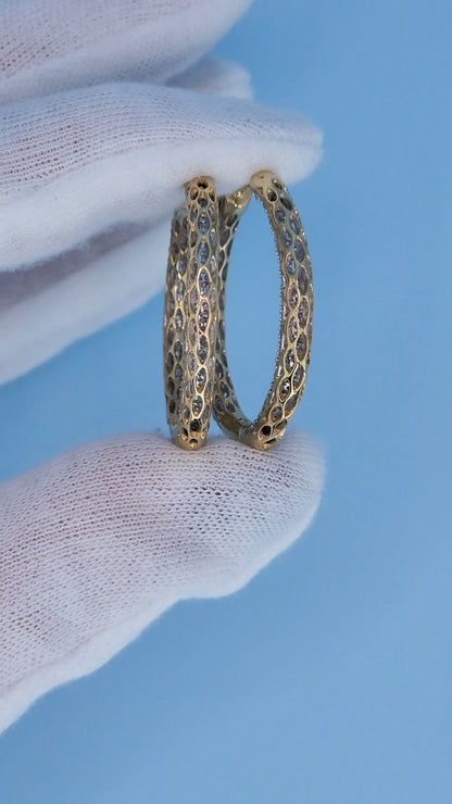 14k Yellow Gold 3-Row Pave Diamond Hoop Earrings | Inside-Out 2.00ct TW, 1.3" Hoops, Safety Lock