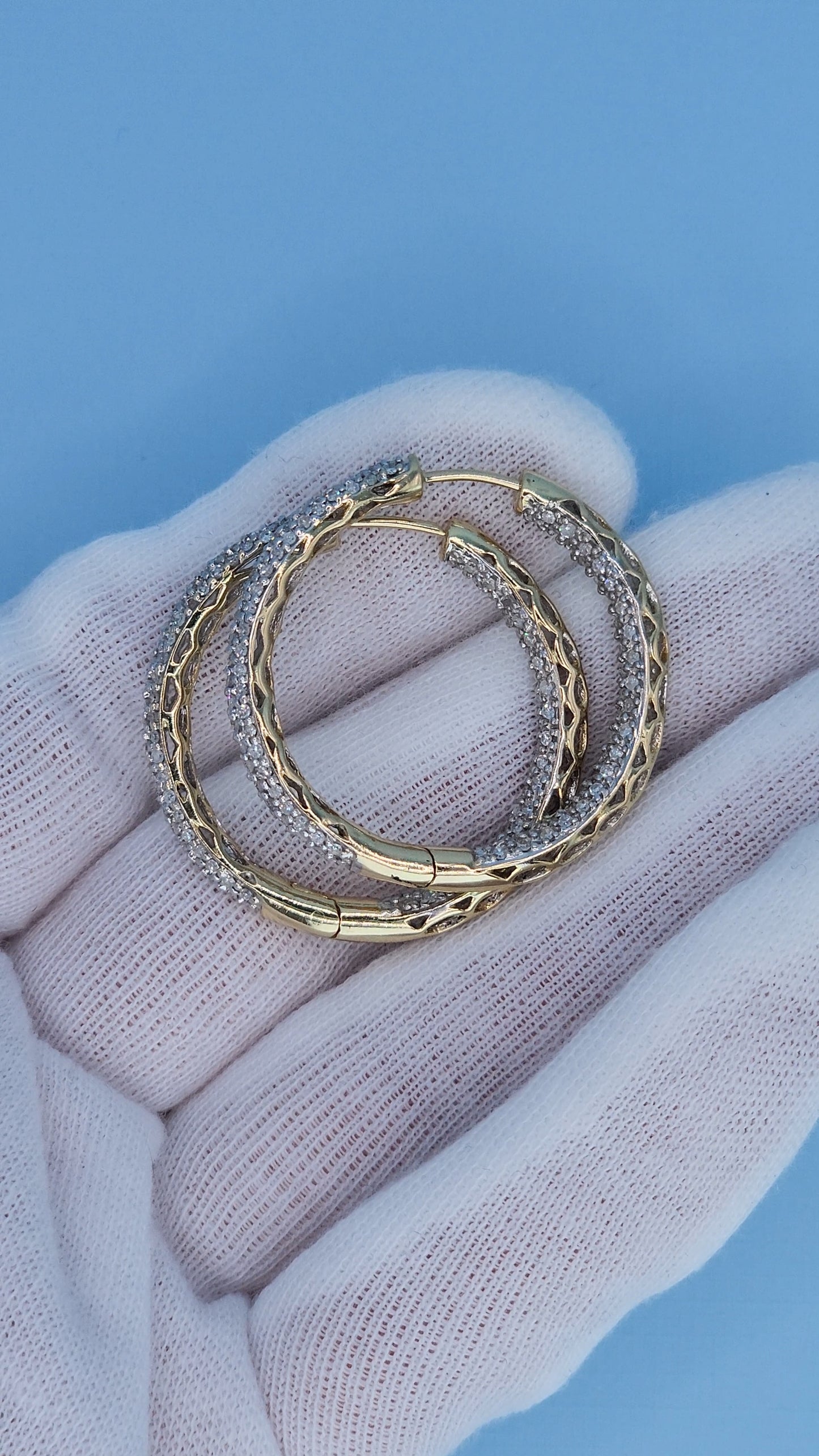 14k Yellow Gold 3-Row Pave Diamond Hoop Earrings | Inside-Out 2.00ct TW, 1.3" Hoops, Safety Lock
