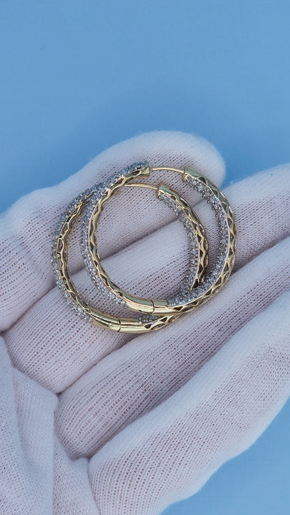 14k Yellow Gold 3-Row Pave Diamond Hoop Earrings | Inside-Out 2.00ct TW, 1.3" Hoops, Safety Lock