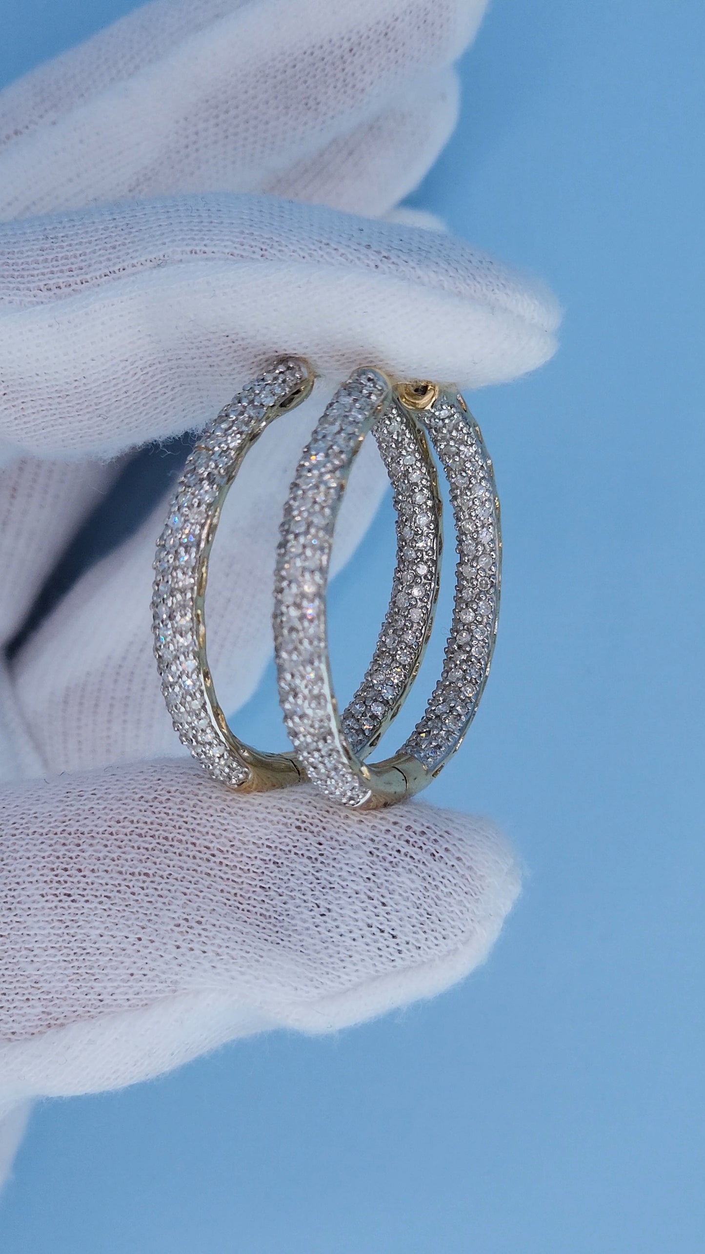 14k Yellow Gold 3-Row Pave Diamond Hoop Earrings | Inside-Out 2.00ct TW, 1.3" Hoops, Safety Lock