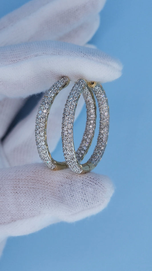 14k Yellow Gold 3-Row Pave Diamond Hoop Earrings | Inside-Out 2.00ct TW, 1.3" Hoops, Safety Lock