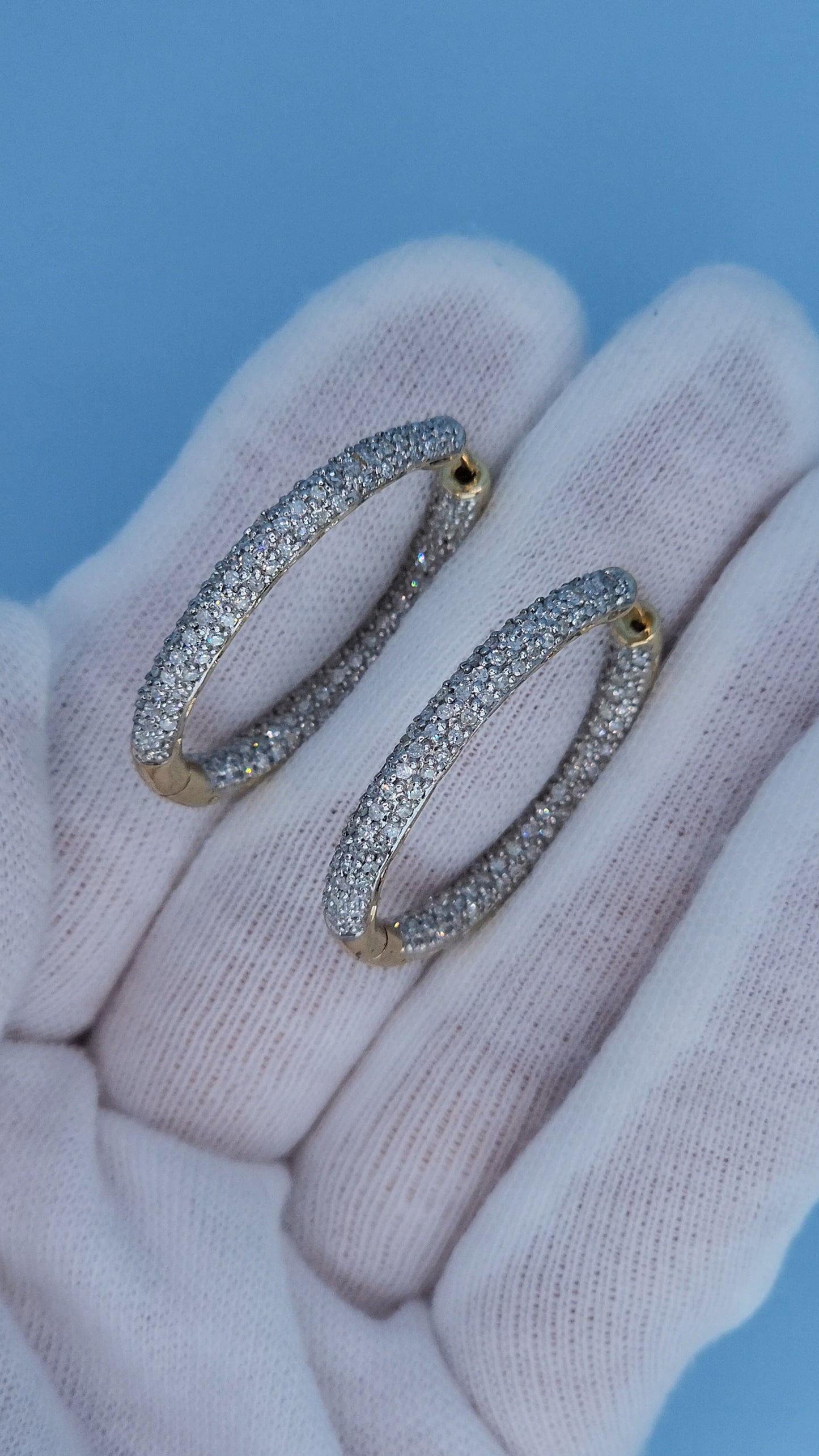 14k Yellow Gold 3-Row Pave Diamond Hoop Earrings | Inside-Out 2.00ct TW, 1.3" Hoops, Safety Lock