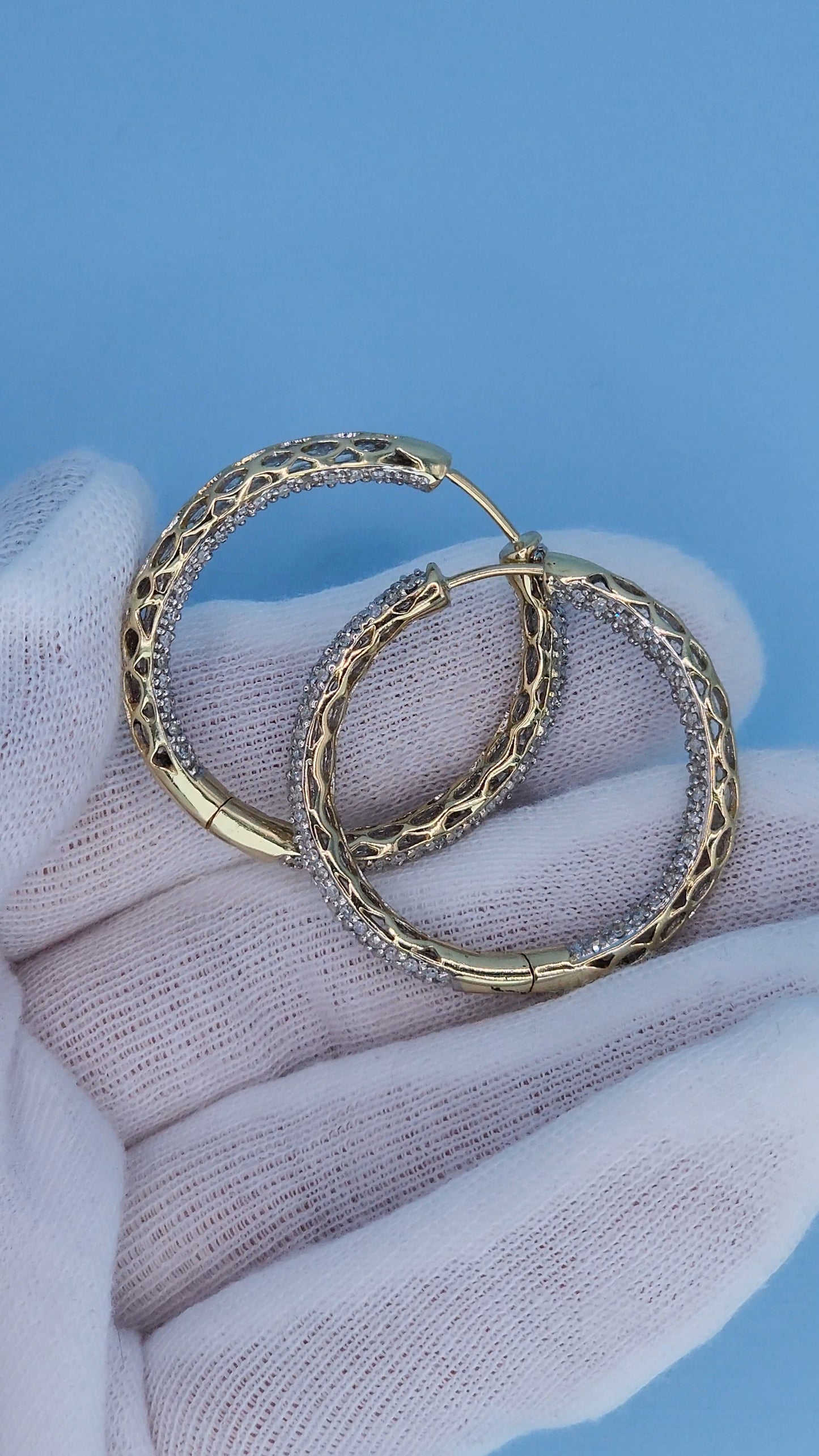 14k Yellow Gold 3-Row Pave Diamond Hoop Earrings | Inside-Out 2.00ct TW, 1.3" Hoops, Safety Lock