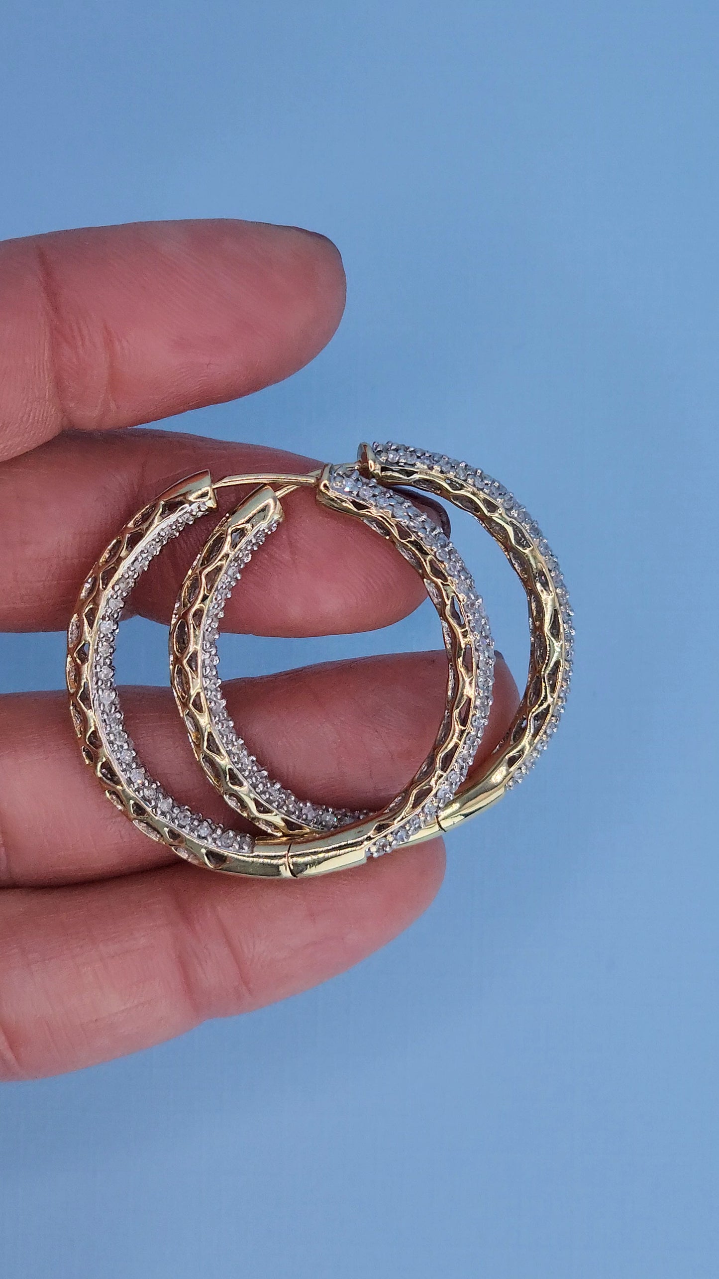 14k Yellow Gold 3-Row Pave Diamond Hoop Earrings | Inside-Out 2.00ct TW, 1.3" Hoops, Safety Lock
