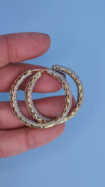 14k Yellow Gold 3-Row Pave Diamond Hoop Earrings | Inside-Out 2.00ct TW, 1.3" Hoops, Safety Lock